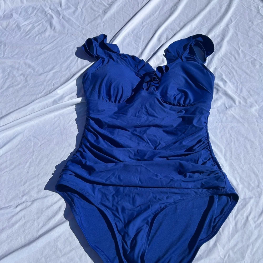 Dkny Cobalt Blue Ruffle-Shoulder One-Piece Swimsuit colorful classic - Picture 2 of 8